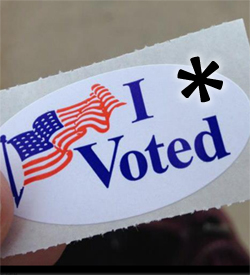 Image of an 'I Voted' sticker, with an asterix
