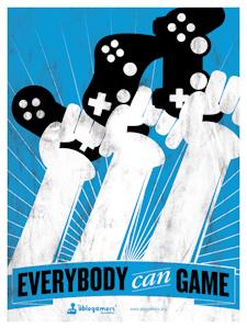 AbleGamers Twitter Avatar: three hands raised, each with a different game controller. The text reads: Everybody Can Game