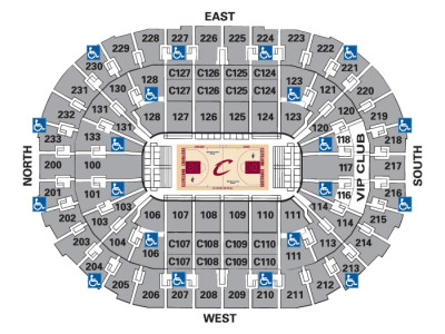 Seating map for a basketball stadium showing wheelchair access points