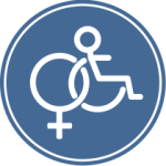 Female icon with wheelchair in blue