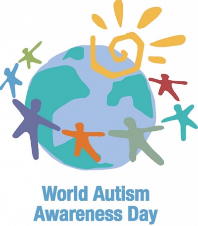 World Autism Awareness Day. An illustrated Earth with people holding hands around it.