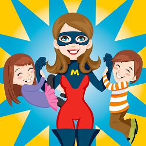 A cartoon mom with superhero mask holding two kids on either arm.