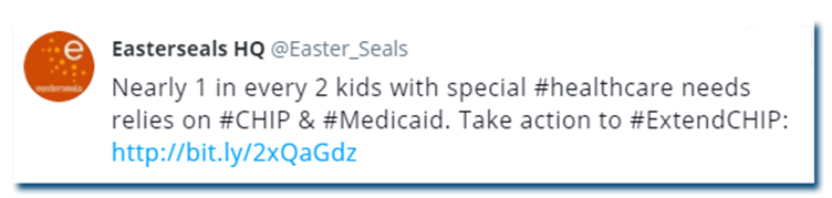 A tweet that reads: Nearly 1 in every 2 kids with special #healthcare needs relies on #CHIP & #Medicaid. Take action to #ExtendChip.
