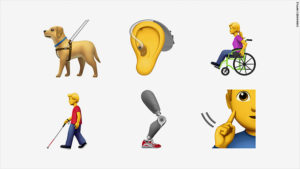 Emojis including a Seeing Eye dog, hearing aid, person in wheelchair, person with a cane, prosthetic leg and someone motioning toward their ear