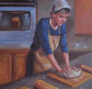 A painting By Anthony Letourneau of me baking bread, from my children's book Safe & Sound