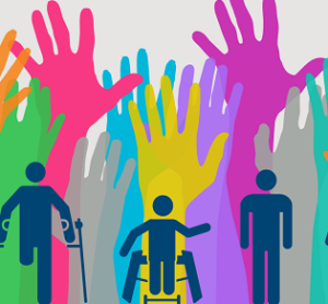 Illustrated hands in the air (background). Illustrations of people, some with disabilities (foreground)