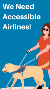 We need accessible travel! Graphic of a woman walking with her guide dog