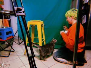 Liz feeding their cat in front of a green screen setup.