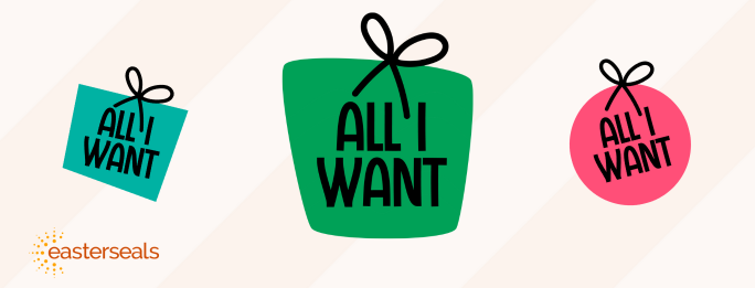 Graphic of three presents that have "All I Want" text on them.