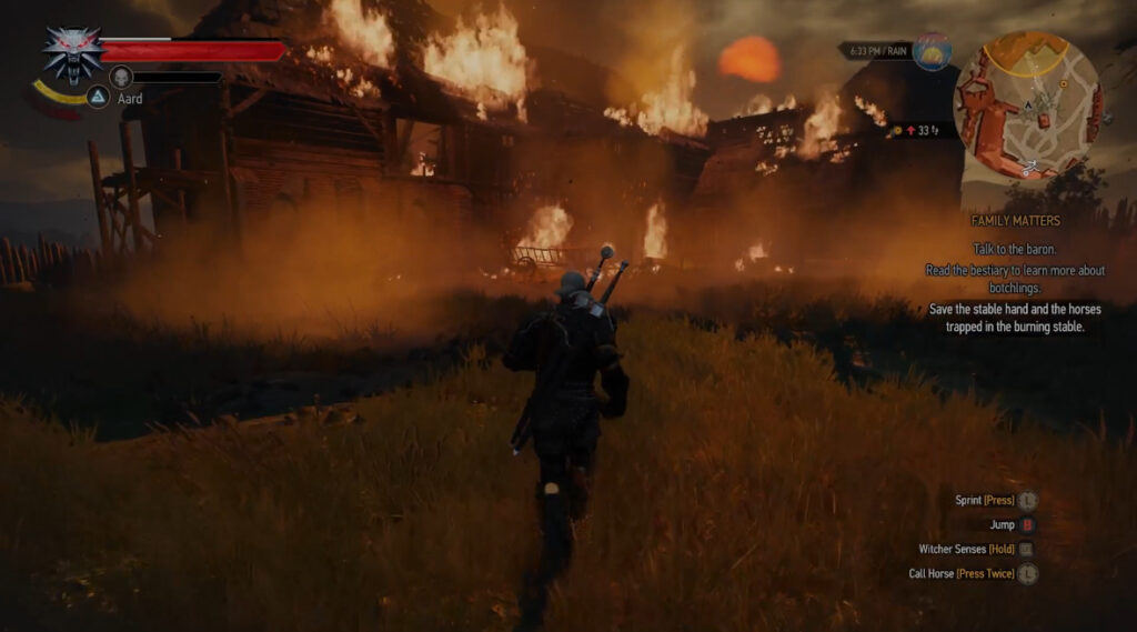 Screenshot of The Witcher 3, Geralt running in a burning building 