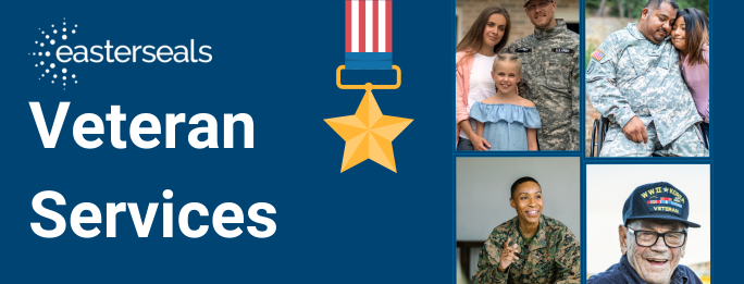 Easterseals Veteran Services. Photos of military members in fatigues with their families