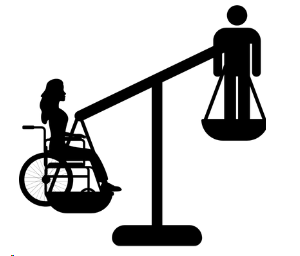 A silhouette of a scale with a person in a wheelchair on the lower end and a standing person on the raised end, balanced in mid-air.